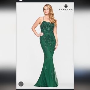 Faviana Emerald Green Gown Beaded Corset Low Back Nwt Size 10